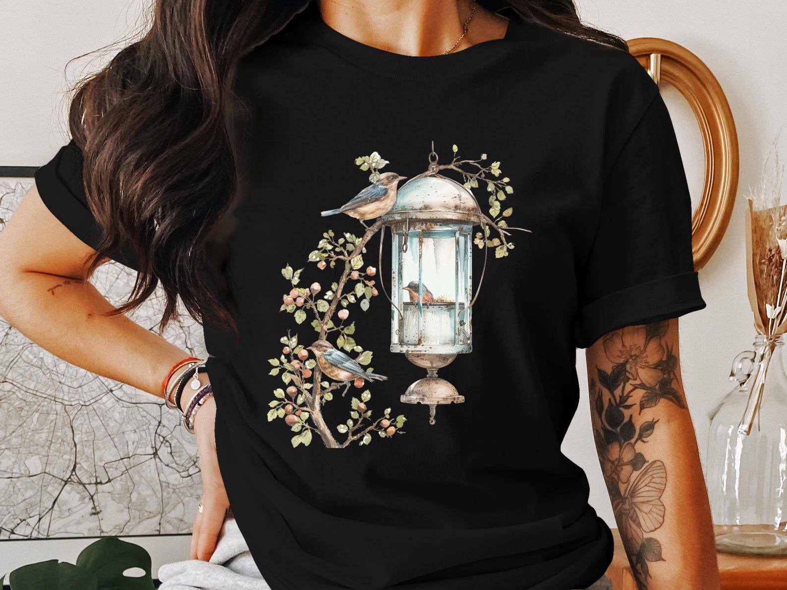 Bird T-Shirt, Cottagecore T-Shirt, Lantern Art Tee, Nature Inspired Shirt, Rustic Design T-Shirts, Bird Watcher Gift, Unique Tee S