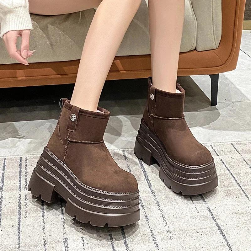 Fashion 10CM Women Snow Boots Non-slip Winter Warm Plush Short Boots Thick Fur High Platform Ankle Boots Suede Leather Chunky Sneakers