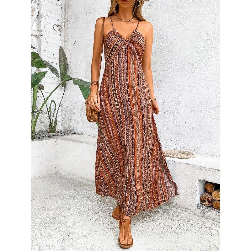Women's Summer Ethnic Pattern Backless Split Thigh Dress Ladies Summer Clothes Fashion Frill Trim Long Dress Beach