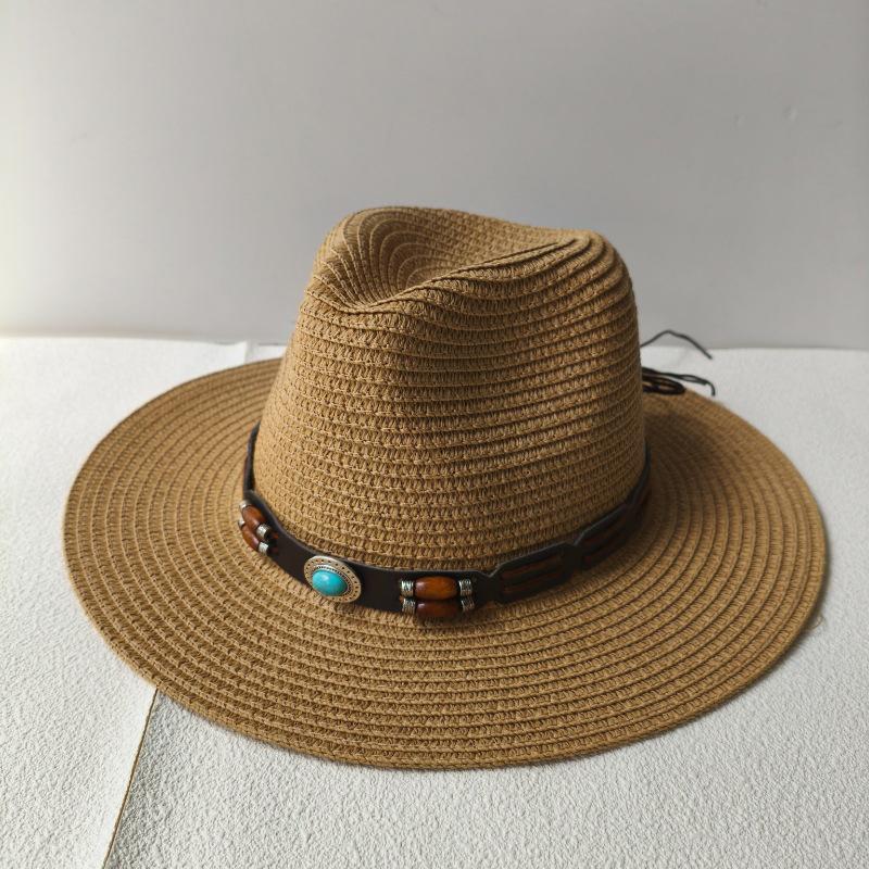 Summer Women's Men's Ethnic Style Western Cowboy Straw Hat Punk Style Handmade Hollow Sun Hat Rolled Edge Sunscreen Beach Cap