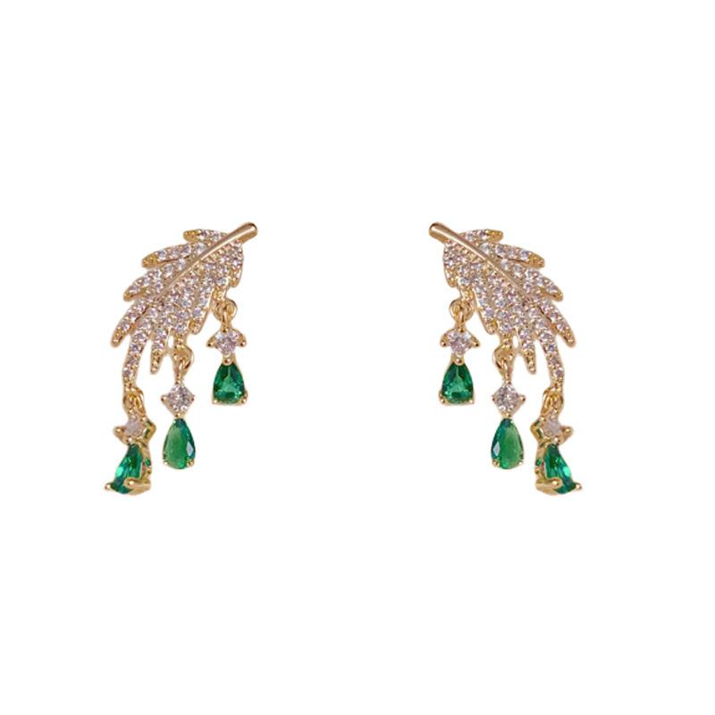 Women Luxury Leaf Green Water Drop Tassel Zircon Earrings зелёный