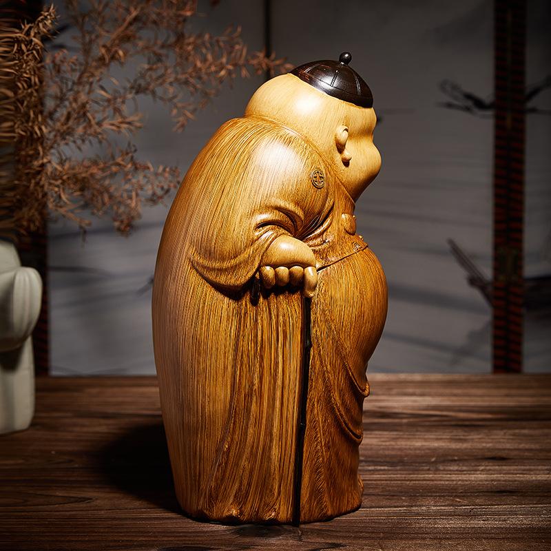 Chinese-style Landlord Decorations Living Room God of Wealth Sculpture Imitation Wood Carving Coffee Dining Table Decorations Tabletop Decorations