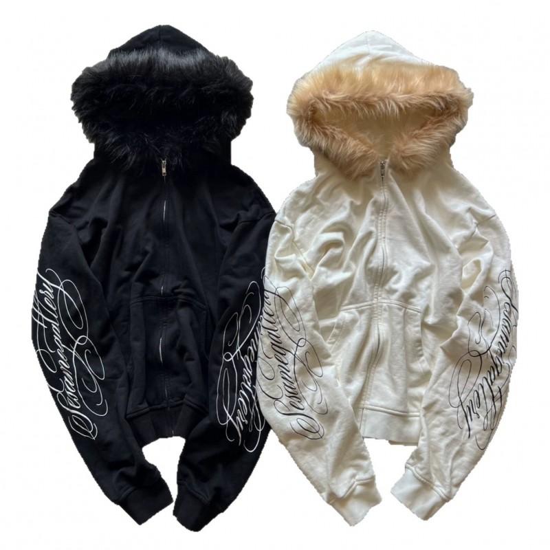 Street Hip Hop Hoodie Loose Fit Letter Print Casual Sweatshirt Dark Vintage Style Long Sleeve Zip Up