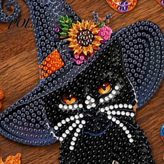 Creative Stress Relief Crafts Black Cat Moon Rhinestone Painting Kit, Halloween Faceted Faux Crystal Hanging Decor, Shining Pendant Art DIY