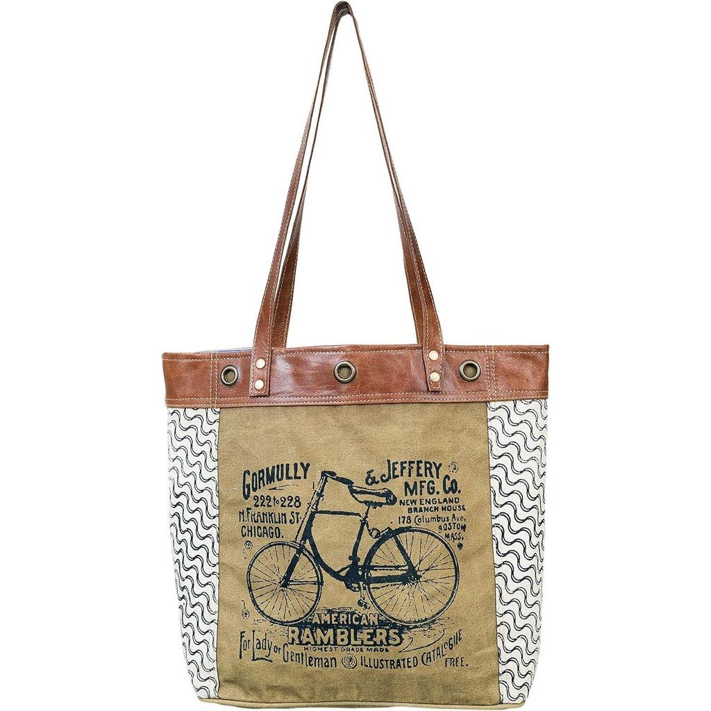 LEATHER Tote Bag, Canvas Shoulder Bag with Leather, 16x13x4 inches, Bicycle Print - Khaki, for Women