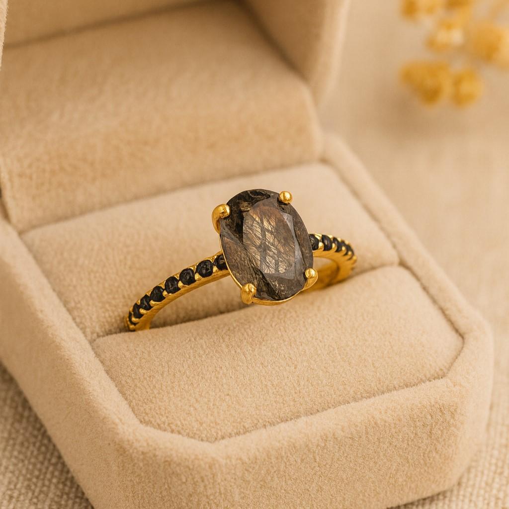 Black Rutile Quartz & Black Onyx Engagement Ring – Handmade Vintage Silver Ring for Women | Wedding, Anniversary, Promise Gift