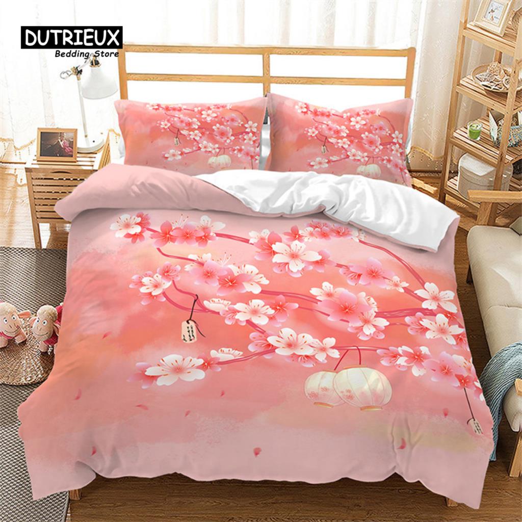 Cherry Blossoms Duvet Cover Japanese Style Petal Floral Bedding Set Pink Flower Comforter Cover 3pcs For Adults Teen Girls Decor