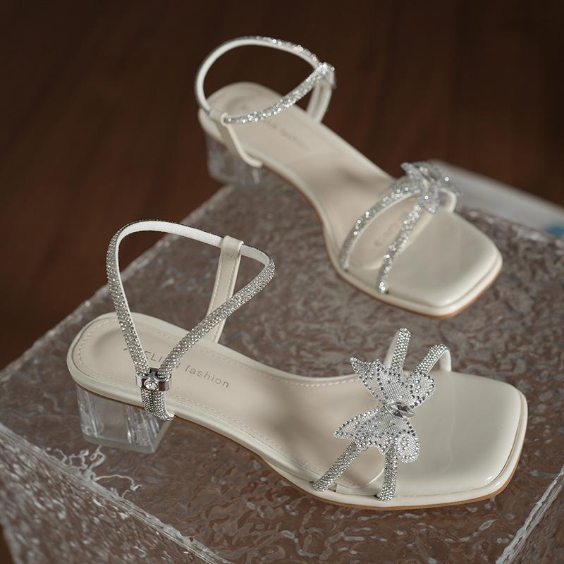Fairy Wind Butterfly Rhinestone Thick Heel Sandals Female 2025 Summer New Fashion Square Head Transparent Middle Heel Two Wear Cool Slippers