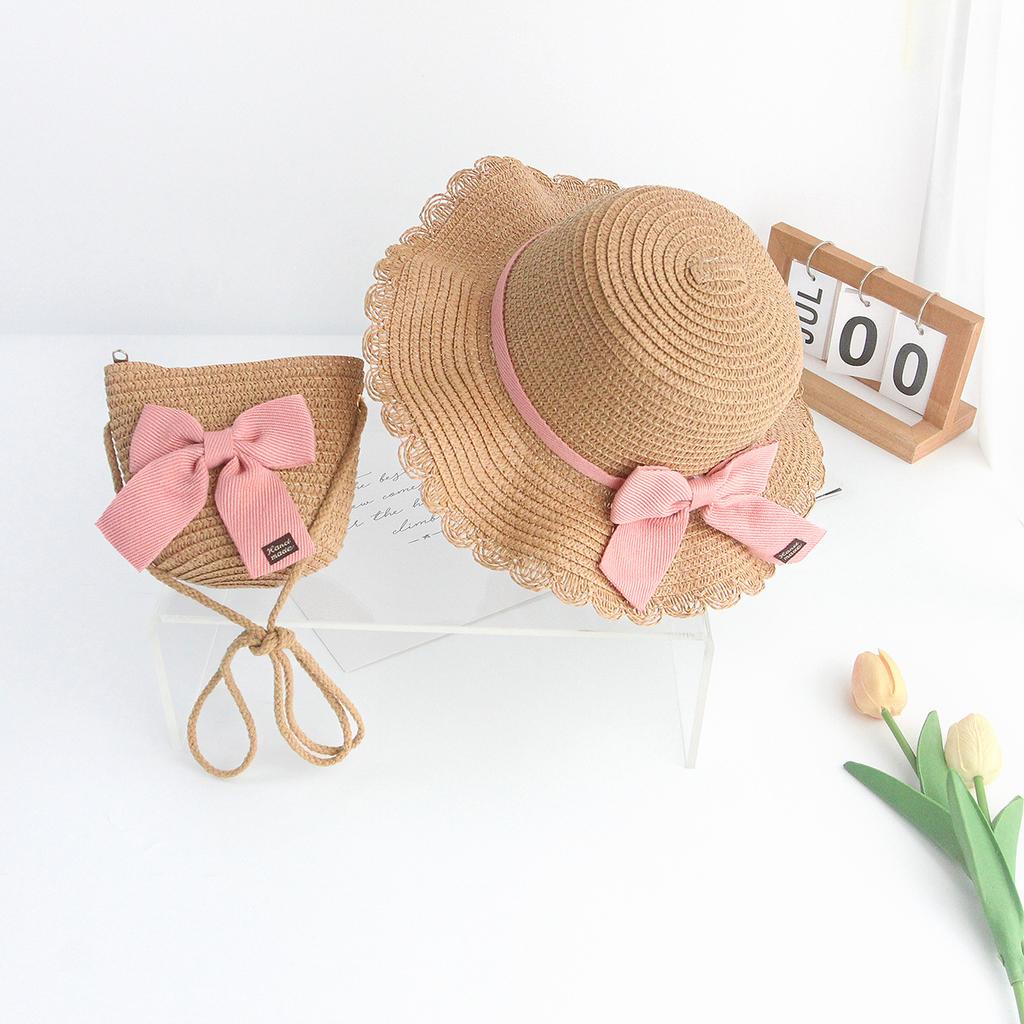 2026 New Summer Braided Children's Sunshade Straw Hat Lace Bow Braided Sun Hat Bag 2 Sets