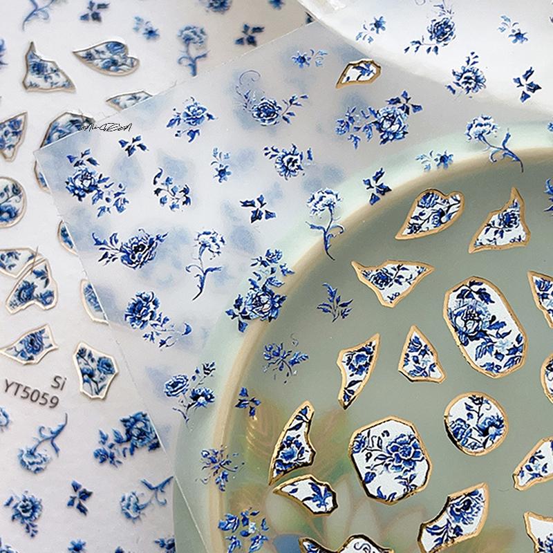 Blue White Porcelain Chinese Style 3D Self Adhesive Nail Art Stickers Flower Silverback Manicure Decals for DIY Salon