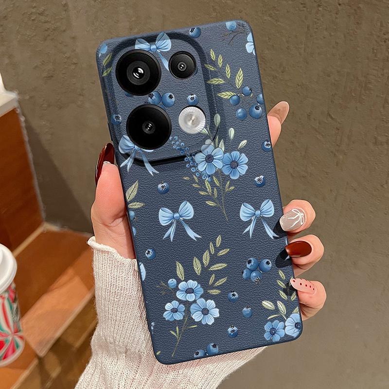 Blaubeere Schleifen Blumenmuster Hülle Für Xiaomi 14T 13T 11T Pro Funda Redmi Note 14 13 12 11 Pro 5G 4G Lederstruktur Silikonhülle