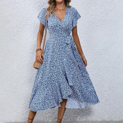 Summer Floral Maxi Dress for Women V Neck Short Sleeve Ruffle Hem Wrap Dress Boho Casual Split Flowy Beach Long Dress