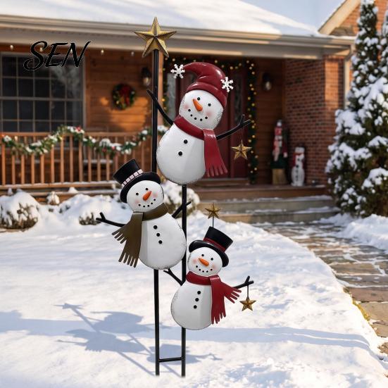 Rustic Snowman Yard Stake Vintage Metal Christmas Ground Stake, Distressed Sculpture with Three Climbing Snowmen Sign for Outdoor Garden Holiday