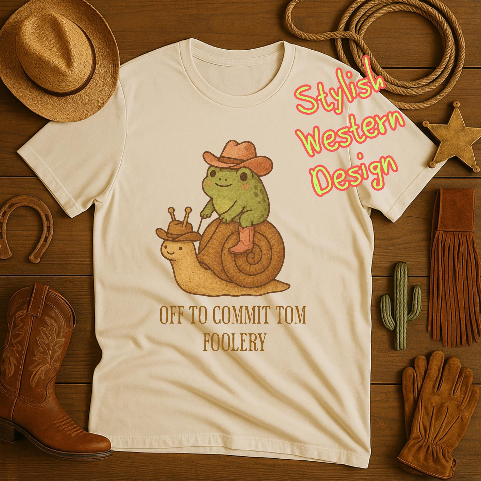 Rustic Cowboy Frog T-Shirt – “Off to Commit Tomfoolery” Funny Cottagecore Snail Rider Tee. S