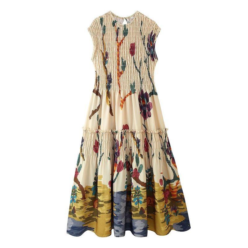 Kaslead New Women Clothes Western Style Fashion Simple Loose Pleated Print Dress
