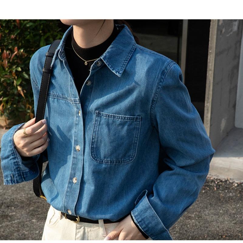 Women's Spring and Autumn Denim Shirt Design Sense Blue Jacket Loose Shoulder Layered French Shirt Long Sleeve