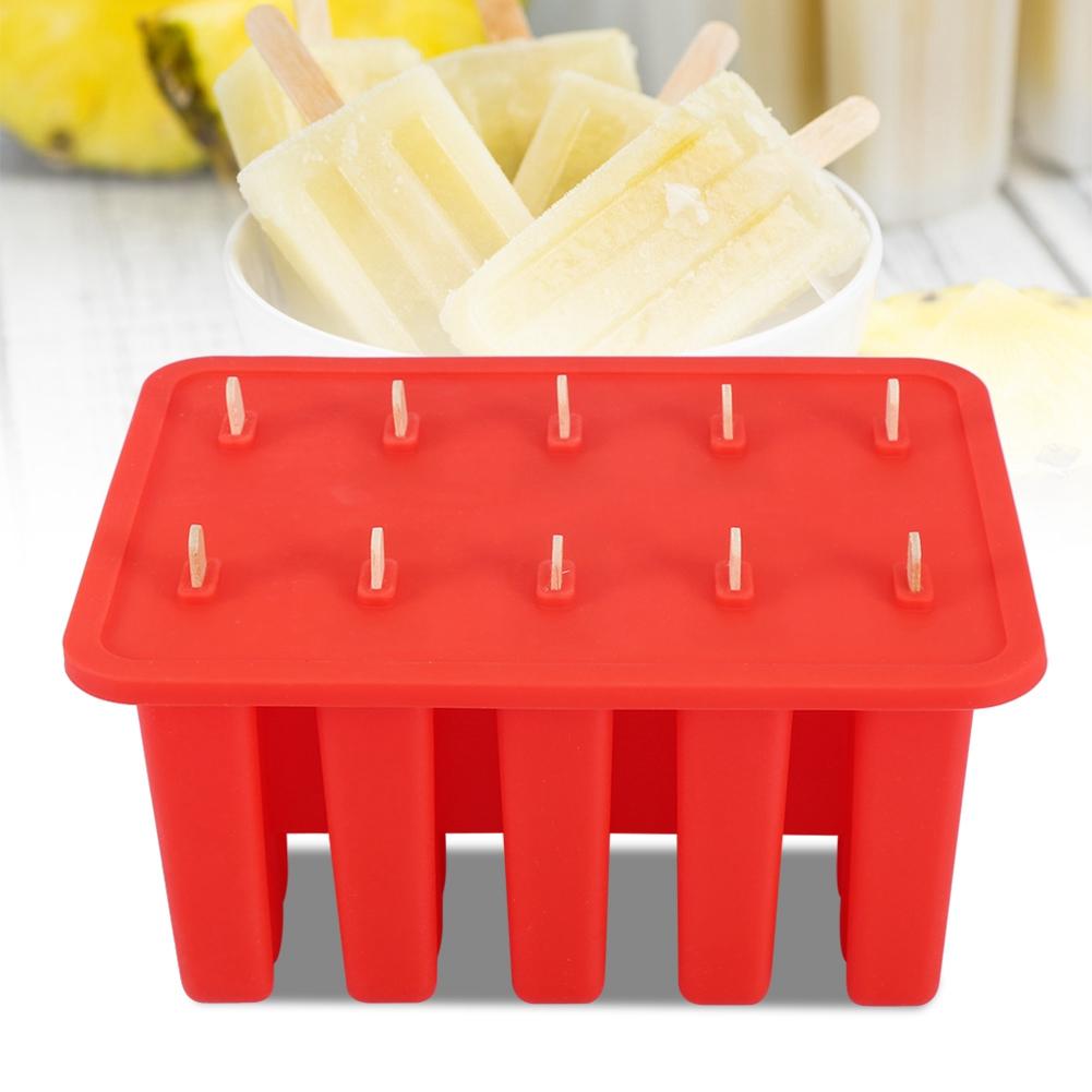 

10 Cells Silica Gel Frozen Ice Cream Mold Popsicle Maker with 50 Sticks (Red) красный