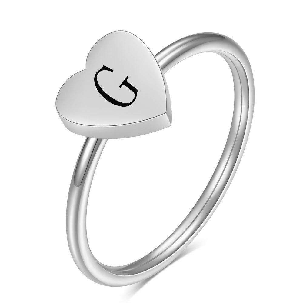 Heart Shape Laser-Engraved 7MM Stainless Steel Ring with 26 Letters Size 6