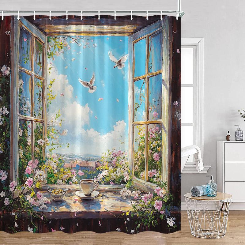 Greek Mediterranean Shower Curtain Purple Flowers Blue Door Window White Architecture Nature Landscape Bathroom Curtains Decor