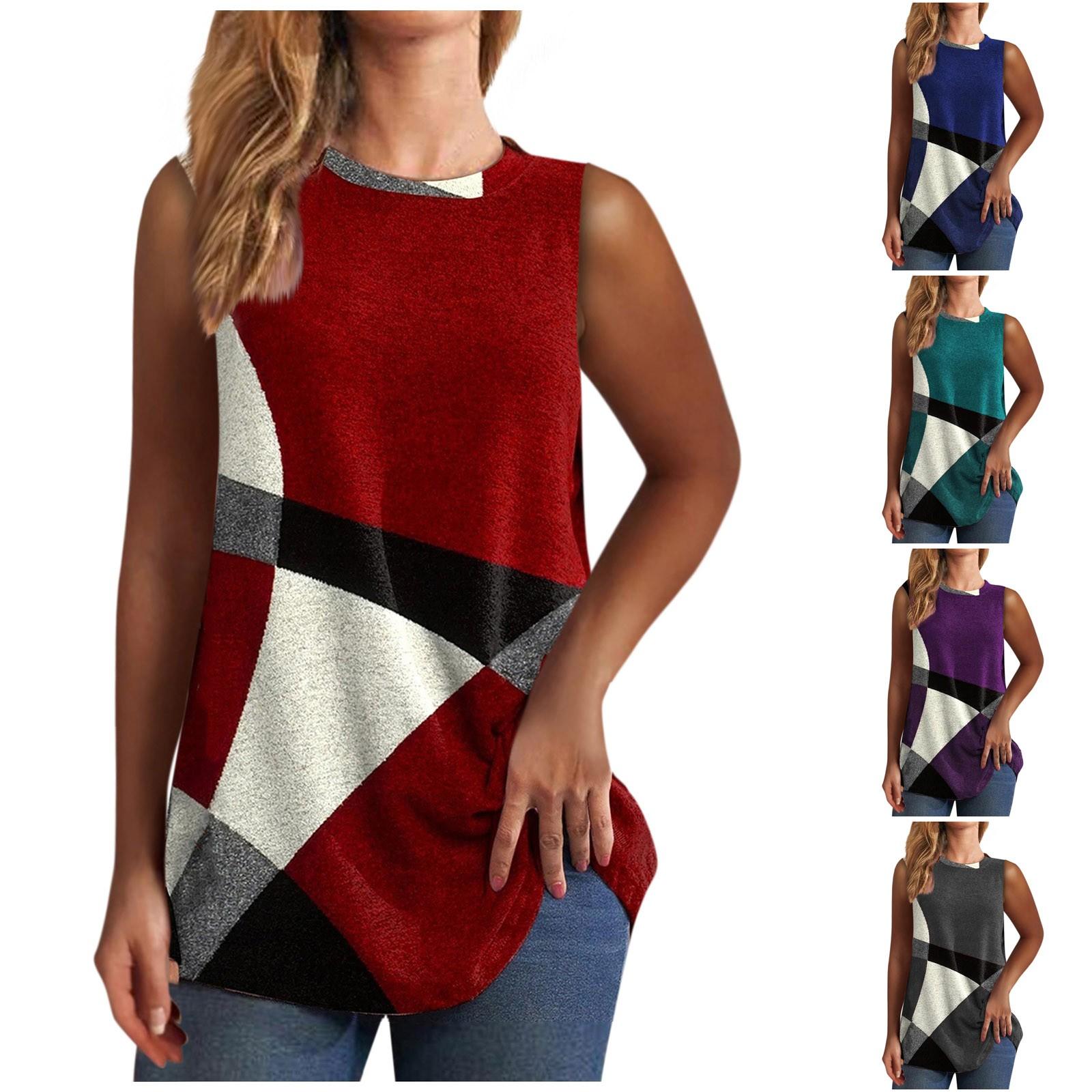 

Женские модные летние топы без рукавов с круглым вырезом и цветными блоками с принтом