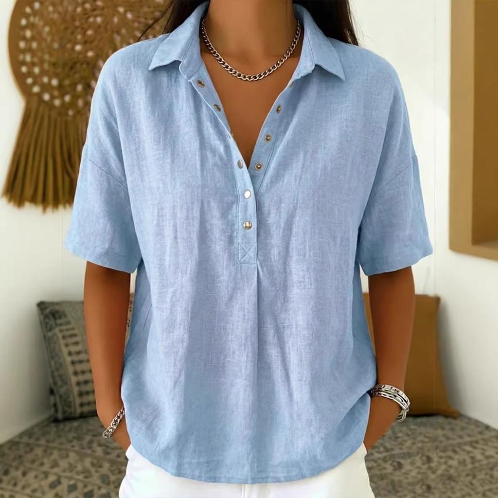Women's Linen Blend Shirt Casual Short Sleeve Button-Down Loose Fit Blouse Tops
