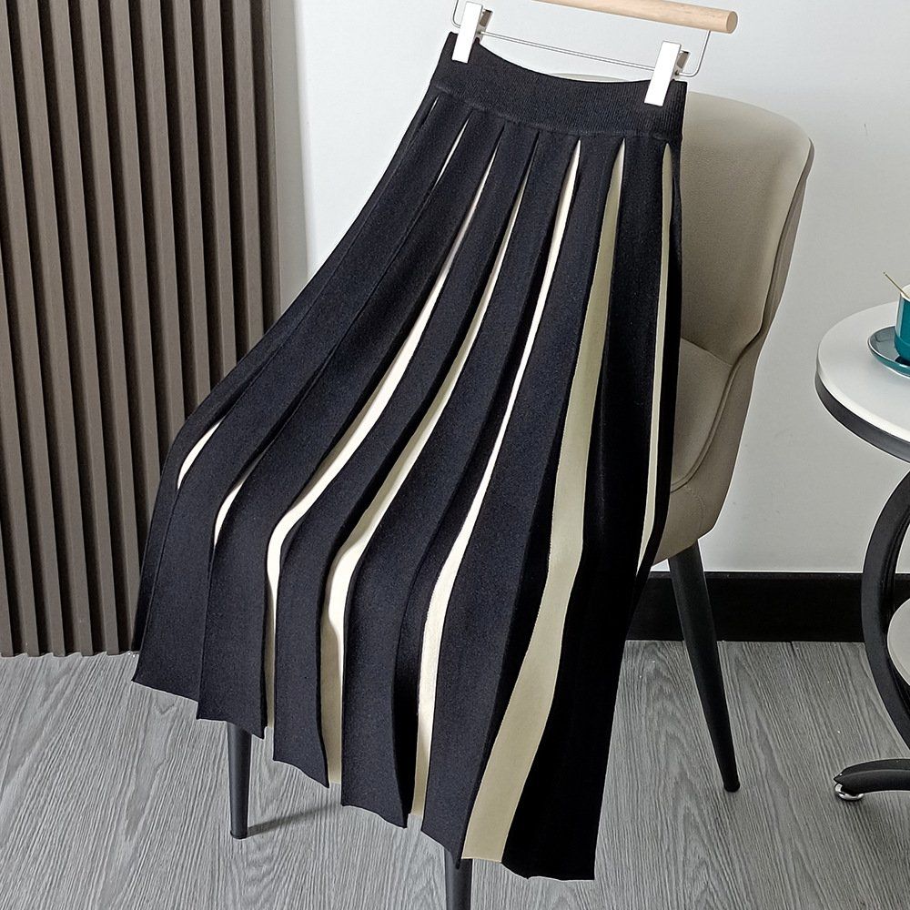 Colorblock Elastic Waist Womens Skirts Contrast Color Skirts Solid Streetwear A Line Midi Skirt