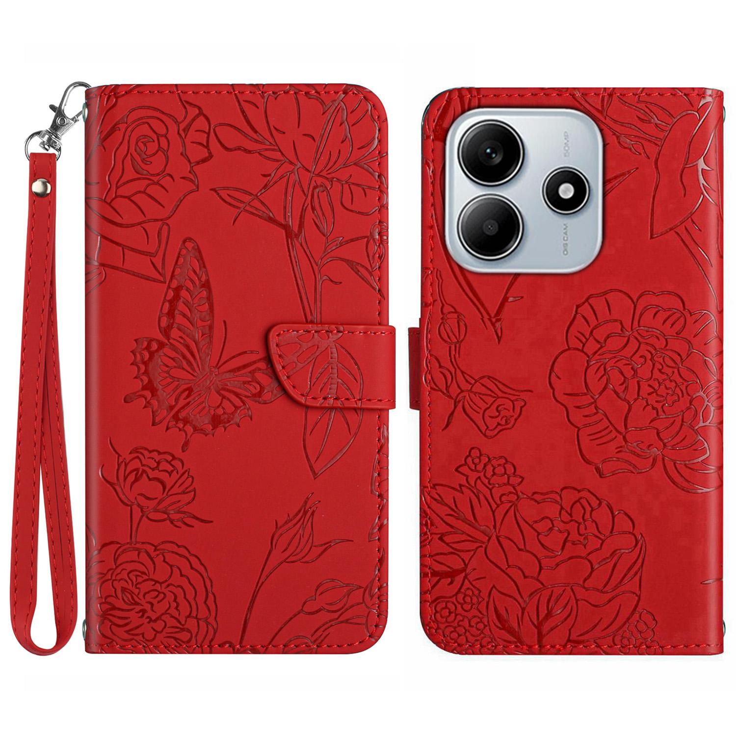 

For Xiaomi Redmi Note 14 5G Case Leather Phone Cover with Strap, Butterfly Flower Imprint B