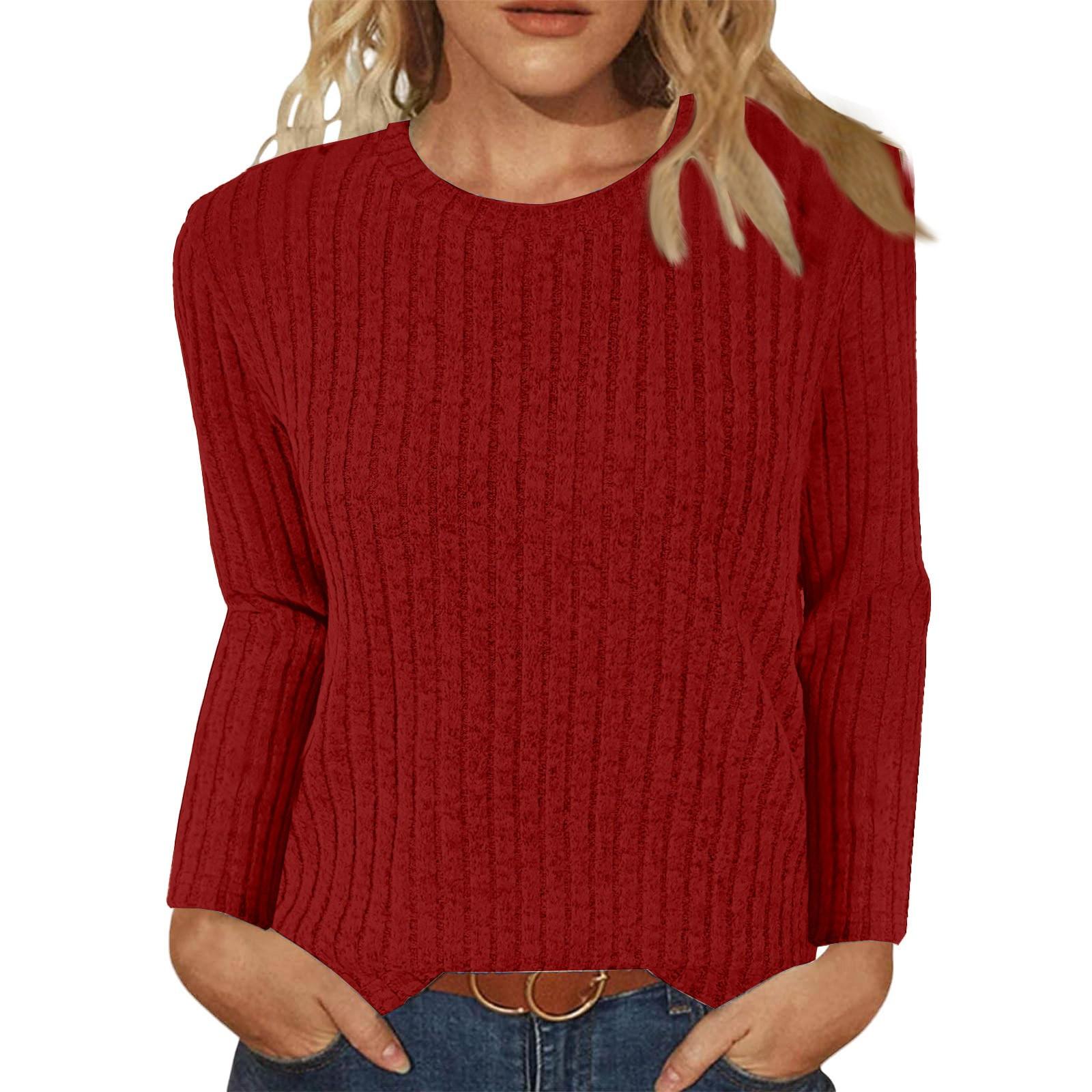 

Женская модная и зимняя повседневная футболка с круглым вырезом и длинным рукавом в рубчик, однотонная женская одежда M красный