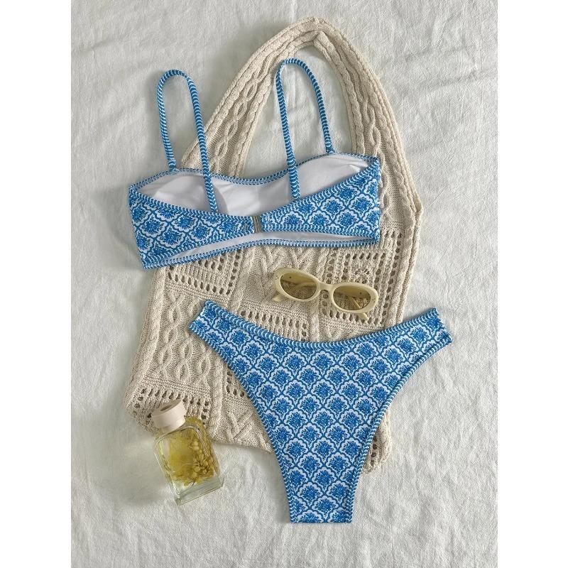 Sexy Bandeau Bikini 2026 Women Green Floral Pleate Push Up Padded Thong Swimsuit Summer Bathing Suit Two Piece Swimwear Biquini