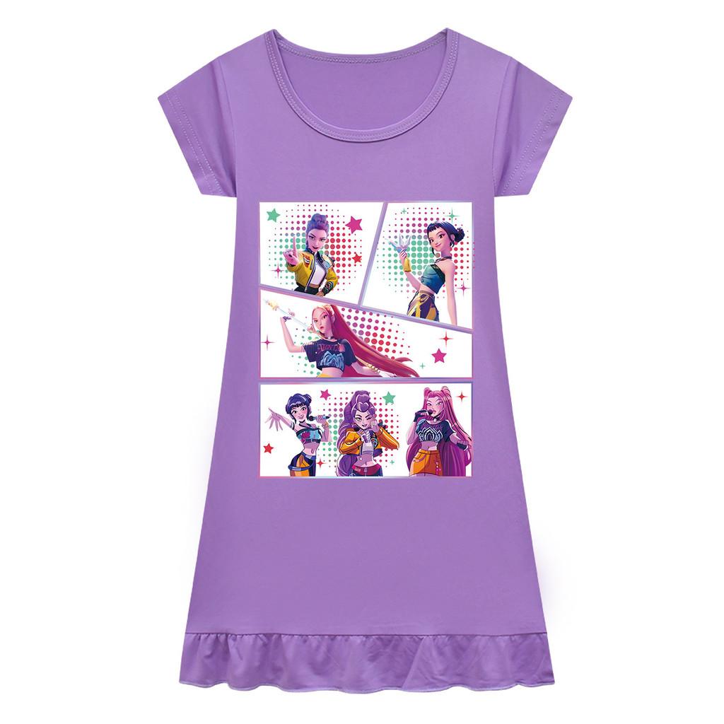Kids Girls Anime Cartoon K-POP Rumi Zoey Mira Print Pleat Short Sleeve Casual Round Neck Dress