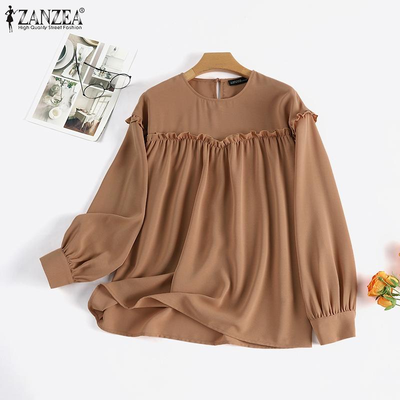 

ZANZEA Женская повседневная свободная блузка с круглым вырезом и длинными рукавами