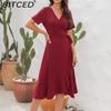 BITCED V-Neck High-Waisted Tie-Detail Dress Solid Color Long-Sleeve Short-Sleeve Dress Vacation Travel Dress