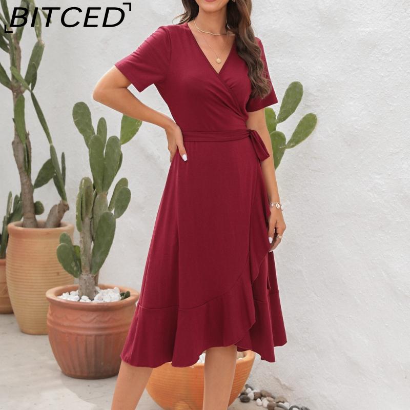 BITCED V-Neck High-Waisted Tie-Detail Dress Solid Color Long-Sleeve Short-Sleeve Dress Vacation Travel Dress