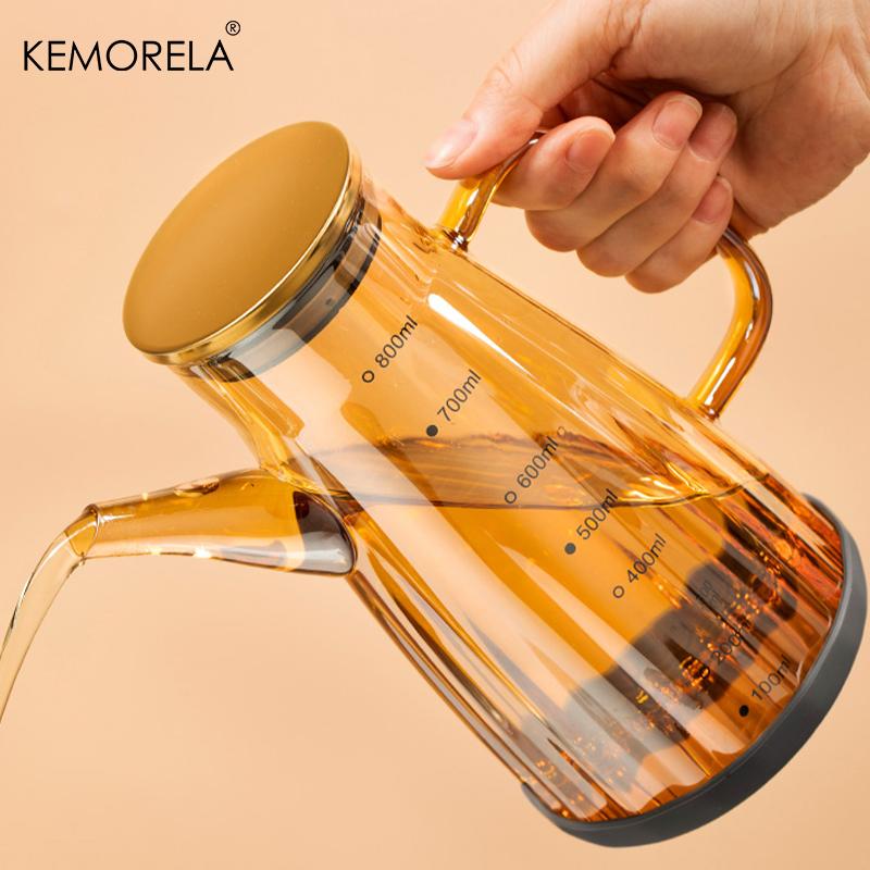 1Pc Glass Oil Pot For Large Capacity Seasoning Bottle With Graduated Stainless Steel Lid Anti-Leak Anti-Slip Barbecue Oil Bottle