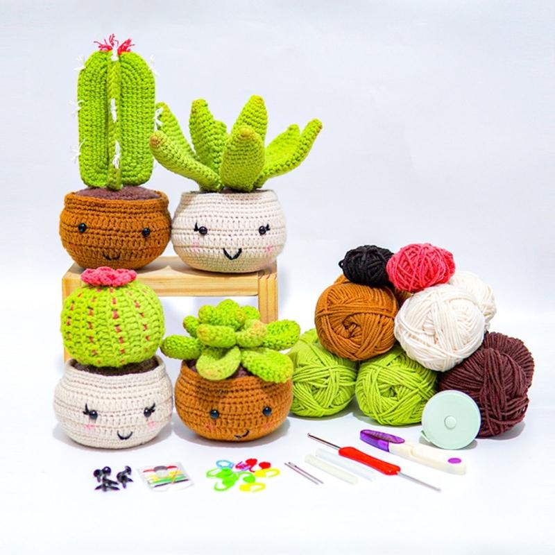 Crochet Flower Set with Step-by-Step Tutorial Instruction Crochet Potted Plant Crochet Knitting Supplies for Beginner