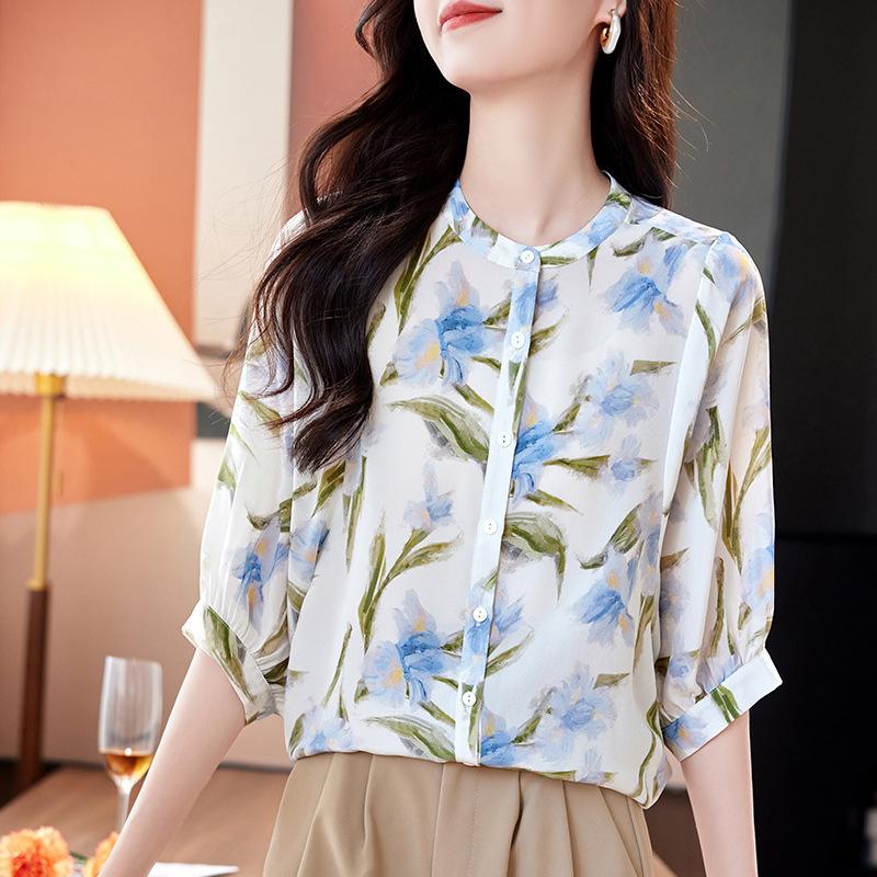

Модный трендовый бренд блузка из двойного крепа из шелка, женская летняя новинка, темпераментный принт, топ с рукавом три четверти из шелка тутового дерева 2XL