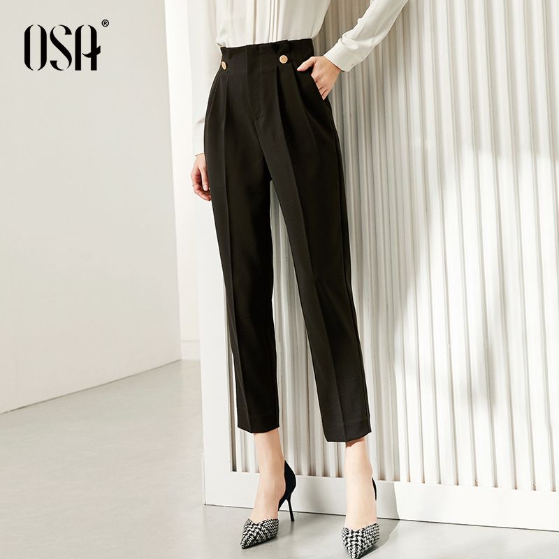 

OSA Black Drape Spring High Waist Ankle-Length Suit Pants Black A S