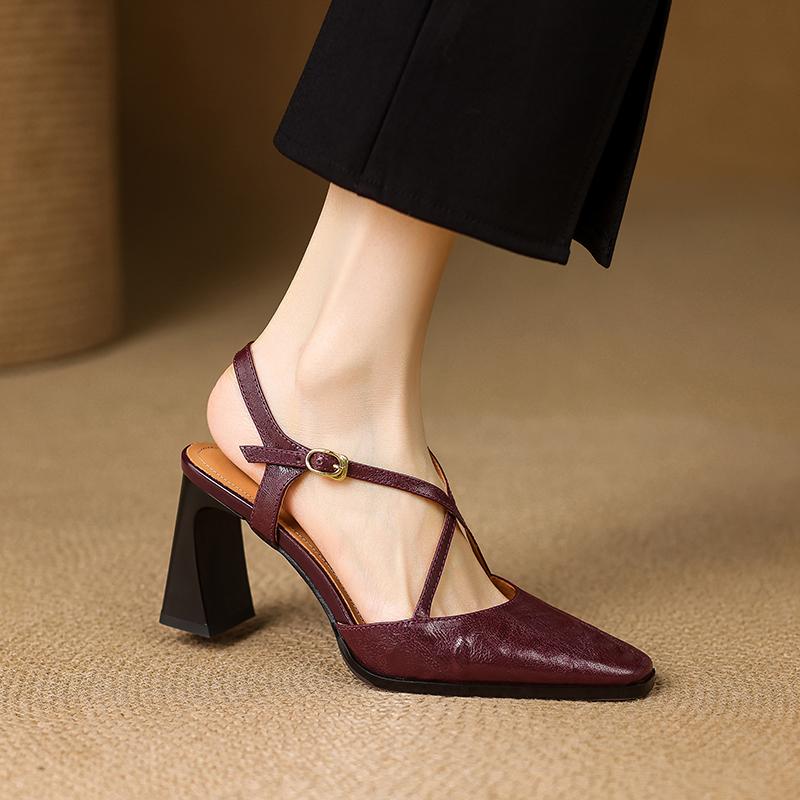 Fashion 2025 New Size 34-40 Women Vintage Sandals Real Leather Retro Square Tor High Heels Summer Shoes Slingback T-Strap Office Daily