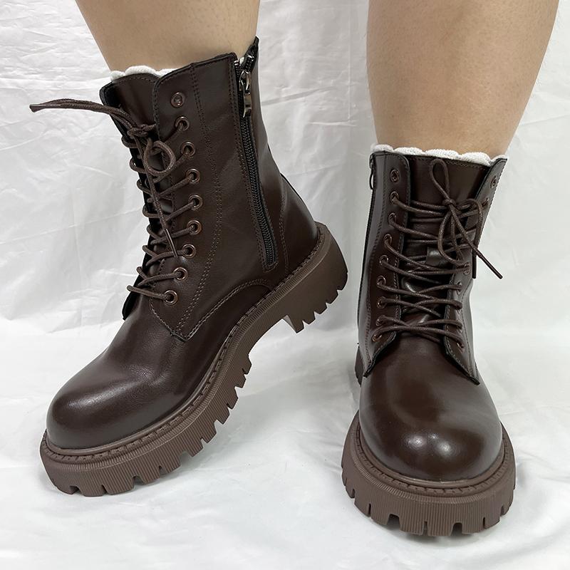 Vinterplatåstövletter Dam Höst Tjock Sula Motorcykelstövlar Kvinna Förtjocka Varma Snörskor Damer