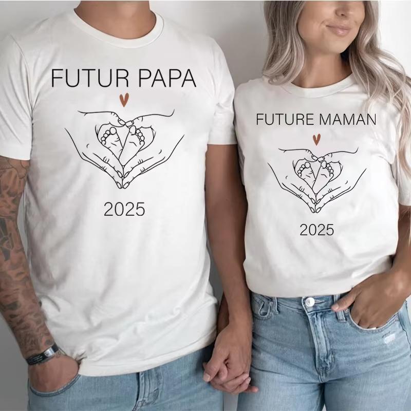 2025 Futur Papa/Maman Letter Print T-Shirt Funny Pregnancy Announcement Couple Matching Tshirts
