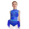 Girls Jazz Latin Dance Costume Shiny Rhinestones Color Block Leotard with Feather Skirt Sleeveless Cutout Back
