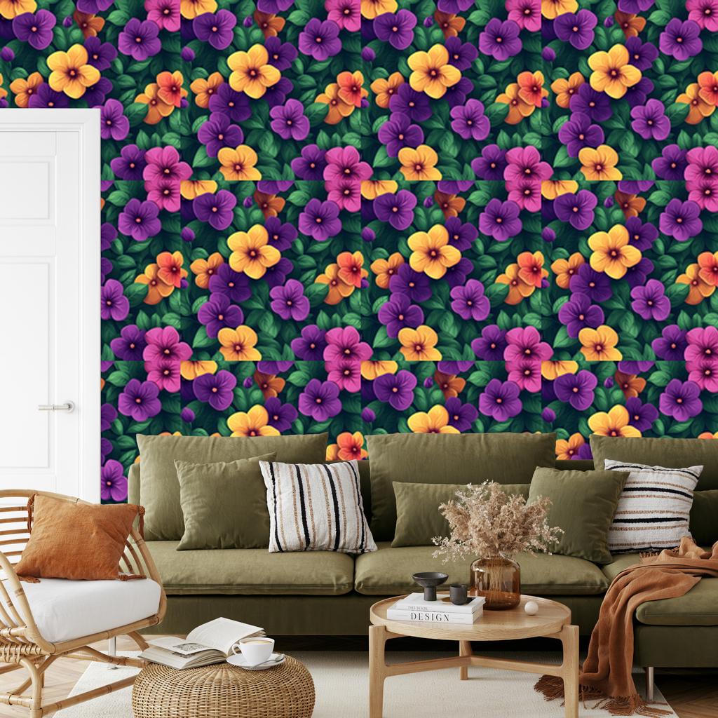 Wallpaper Flowers and Leaves in Sea and Purple for Living Room and Bedroom 50x1000