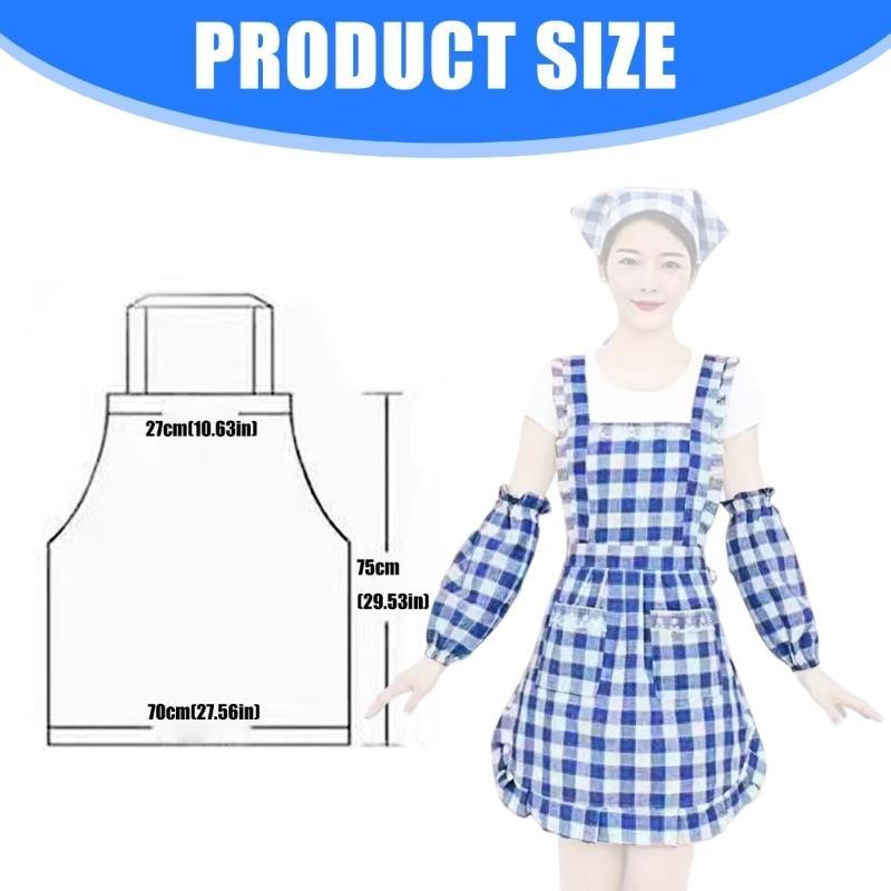  Stainprevent Blue Checkered Work Apron with Sleeve Protections Polyester Cotton Apron For Kitchen and Catering Services