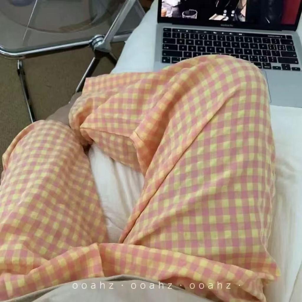 Dopamin Karomuster Weitbeinige Damen Hose - Frühling/Herbst, Hohe Taille, Gerades Bein, Lässig