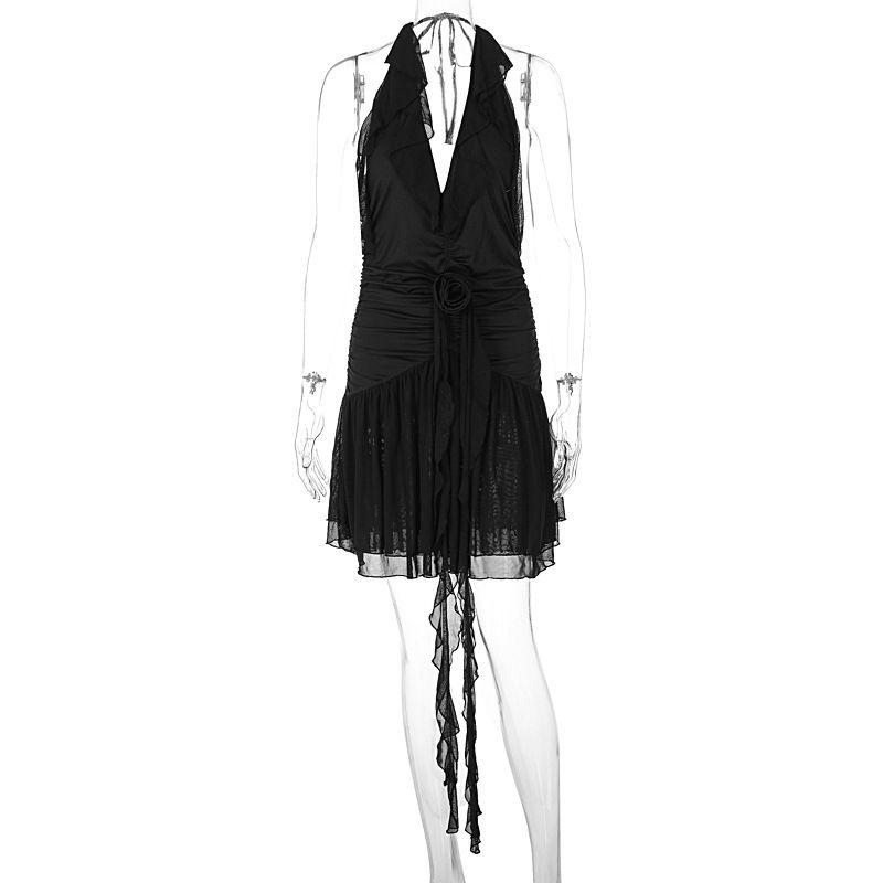 European and American 2024 Summer New Gyaru Style Deep V Sexy Slim Fit Mesh Hanging Neck Sling One Piece Dress Women Clothing