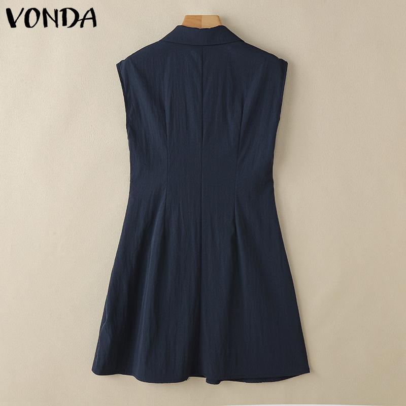 VONDA Summer Women Lapel Neck Sleeveless Buttons Up Ruffled Casual Tank Dress