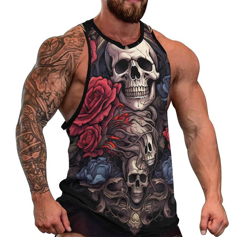 Summer Round Neck 3D Fashion Skull Printed Top Fashionable Casual Hip-hop Sleeveless Vest Men's T-shirts