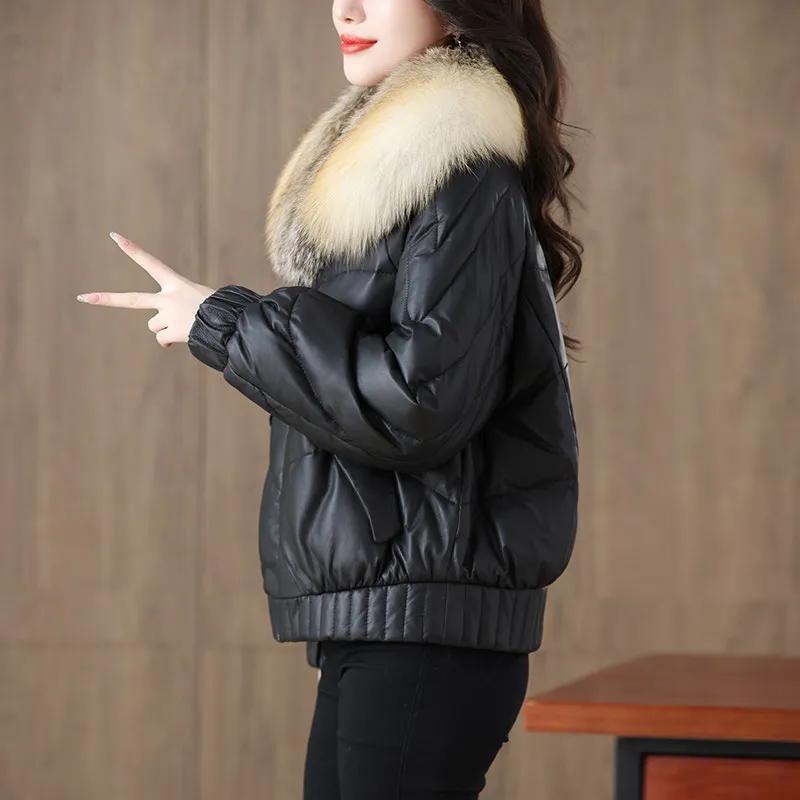 Women's PU Leather Simple Warm Jacket Winter Fur Collor Short Puffer Parkas Fur Outwear