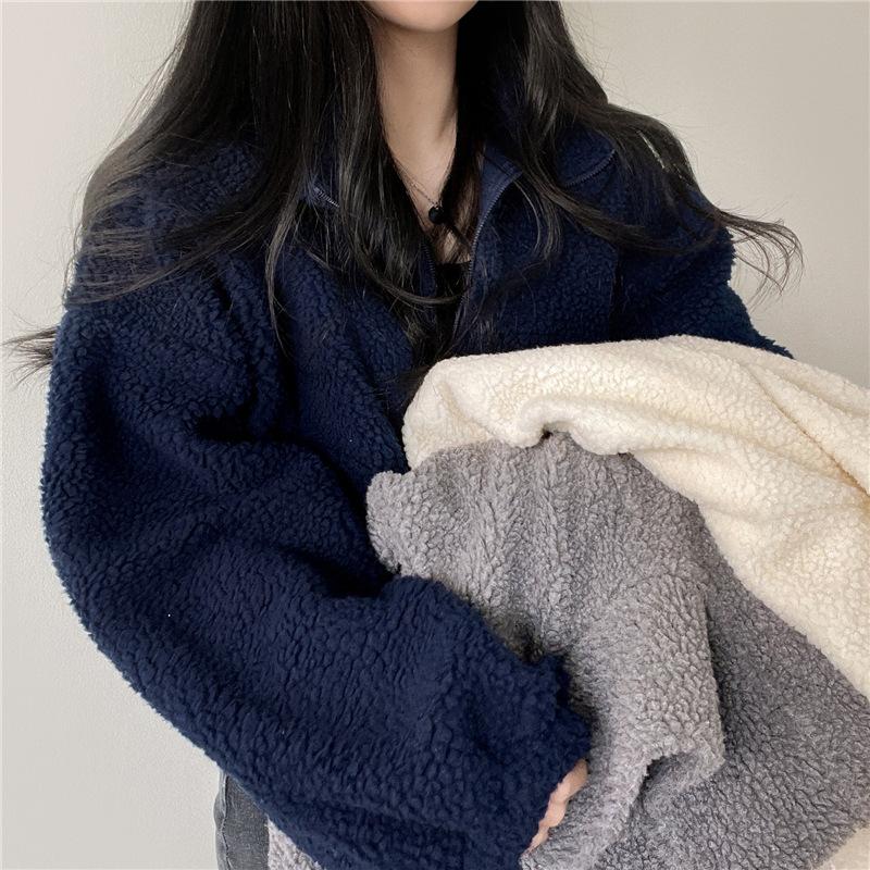 Giacca Corta da Donna di Design con Collo Alto Calda in Finta Lana d'Agnello Autunno e Inverno Ampia e Versatile Cardigan Top con Zip