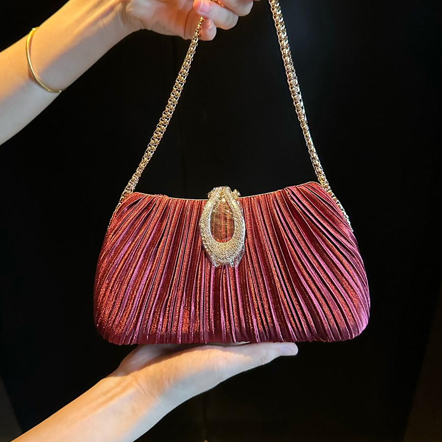 Women's Elegant Satin Evening Bag Pleated Clutch Wedding Purse Chains Party Prom Handbags with Rhinestones for Wedding, Bride